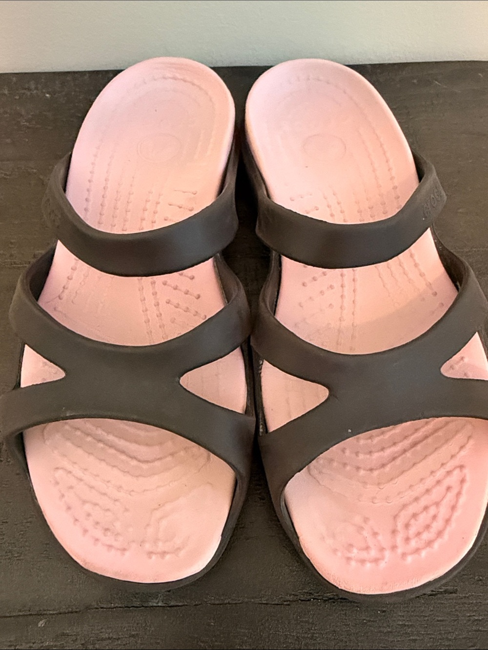 CROCS Women’s Pink Footbed Sandals with Brown Straps